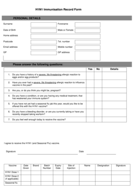 H1N1 Immunisation Record Form