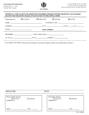 University of Connecticut Parking Ticket Appeal Form