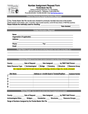 Florida Master Site File Number Assignment Request Form