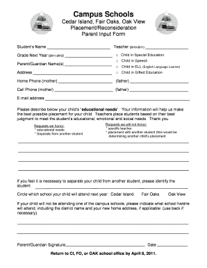 Parent Input Form for Student Placement