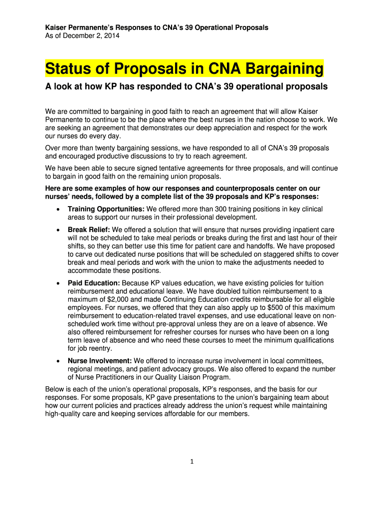 Fillable Online Kaiser Permanentes Responses to CNAs 39 Operational