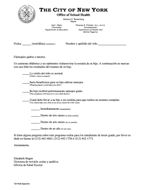 Formulario de Examen de la Vista Escolar de Nueva York