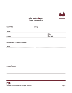 Autism Spectrum Disorders Program Assessment Form