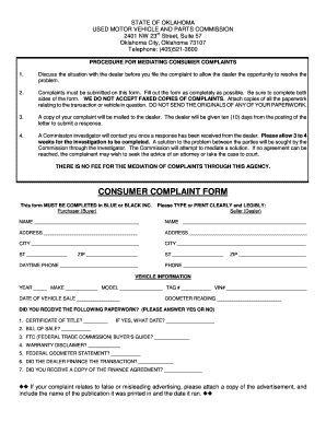 Oklahoma Used Motor Vehicle Complaint Form