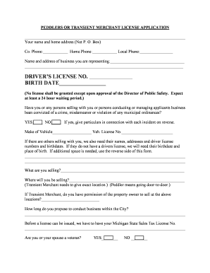 Peddler or Transient Merchant License Application
