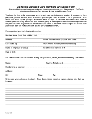 California Managed Care Grievance Form