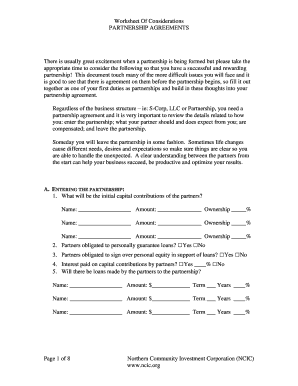 Partnership Agreement Considerations Worksheet