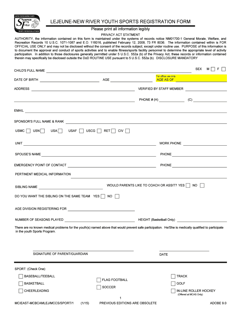 Fillable Online LEJEUNENEW RIVER YOUTH SPORTS REGISTRATION FORM Fax
