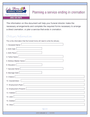 Funeral Service Planning Form for Cremation