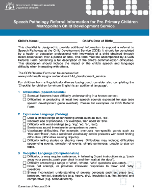 Speech Pathology Referral Checklist for Pre-Primary Children