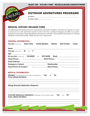 Outdoor Adventures Medical History Release Form