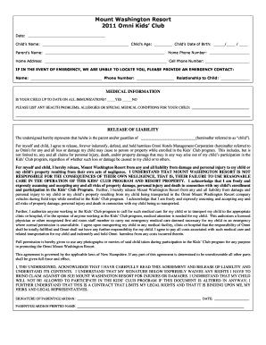 Kids' Club Program Release of Liability