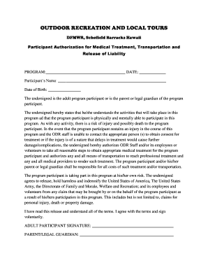 Participant Authorization for Medical Treatment and Release of Liability