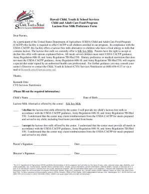 Hawaii Lactose-Free Milk Preference Form