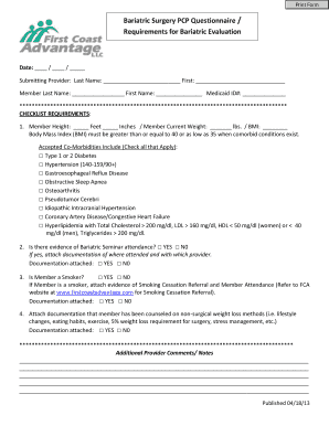 Bariatric Surgery PCP Questionnaire
