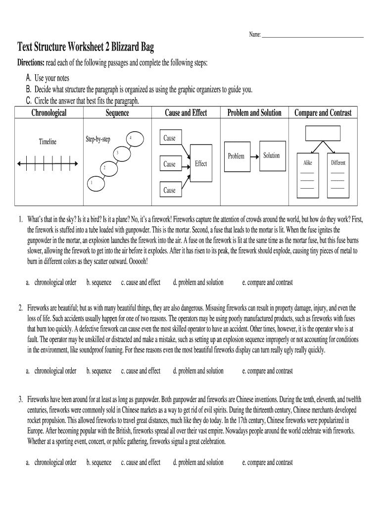 Text Structure Worksheet 2 Blizzard Bag Answer Key Fill Online