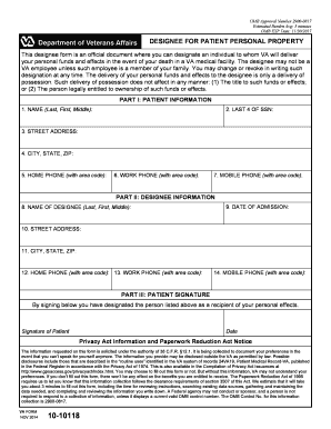 VA Form 10-10118 Designation of Designee for Patient Personal Property
