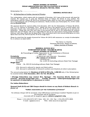Indian Journal of Physics Renewal Notice 2012