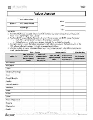 Values Auction Activity Worksheet