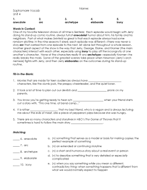 Sophomore Vocabulary Unit 4 Worksheet