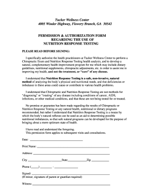 Permission and Authorization Form for Nutrition Response Testing