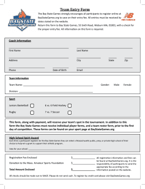 Bay State Games Team Entry Form