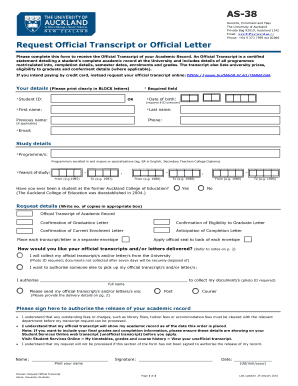 University of Auckland Official Transcript Request Form