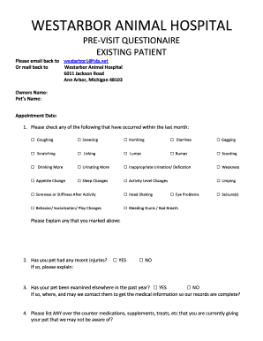 Westarbor Animal Hospital Pre-Visit Questionnaire