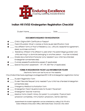 checklist k registration indian hill primary school fill online