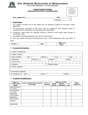 Islamia University Bahawalpur Employment Form