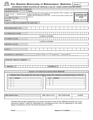 Islamia University of Bahawalpur MA Part-II Admission Form