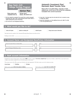New York 529 College Savings Program Electronic Bank Transfer Form