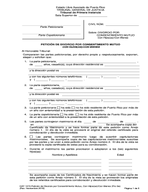 Petición de Divorcio por Consentimiento Mutuo, Con Hijos(as)/Con Bienes