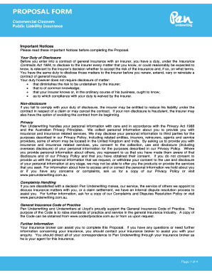 Commercial Cleaners Public Liability Insurance Proposal Form