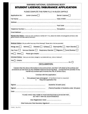 NAKMAS Student Licence/Insurance Application