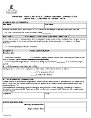 Application for advance salary - AGREEMENT FOR SALARY REDUCTION FOR EMPLOYEE CONTRIBUTIONS