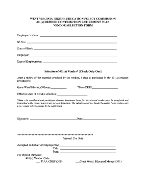 West Virginia 401(a) Vendor Selection Form