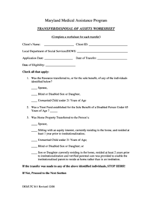 Maryland Medical Assistance Transfer Worksheet