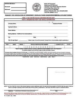 Tennessee Request for Verification of Vehicle Ownership