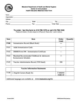 Maryland Immunization Record Order Form