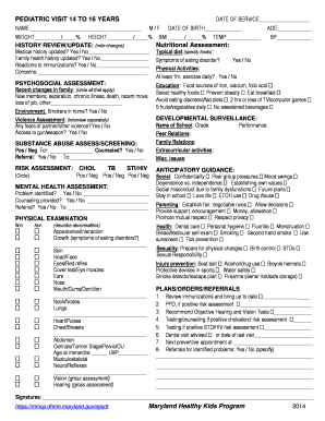 Pediatric Visit Form 14 to 16 Years