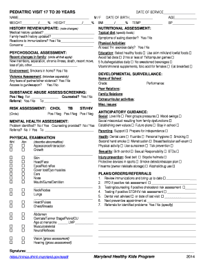 Pediatric Visit Form for 17 to 20 Years