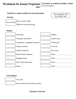 Rental Property Income and Expense Worksheet