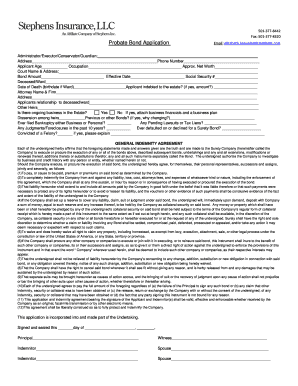 Probate Bond Application and Indemnity Agreement