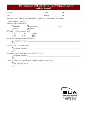 Hypercoagulable Clotting Disorders Underwriting Form
