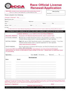 SCCA Race Official License Renewal Application
