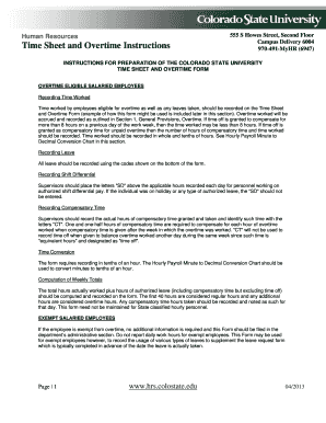 Colorado State University Time Sheet and Overtime Form