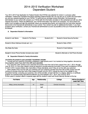 2014–2015 Verification Worksheet for Dependent Students