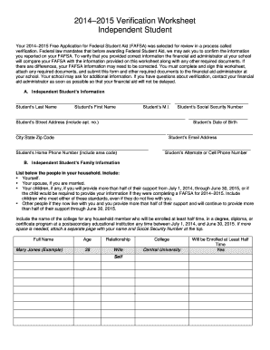 2014–2015 Verification Worksheet for Independent Students