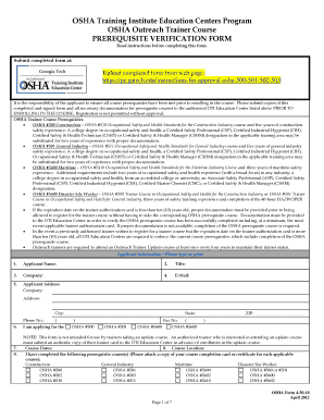 OSHA Outreach Trainer Course Prerequisite Verification Form